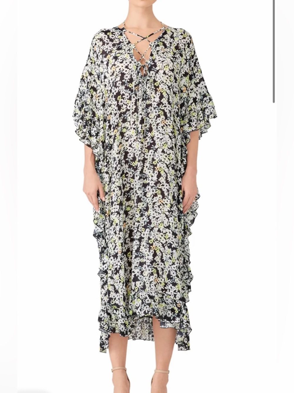 See by Chloe Size 38 (US 6) • Caftan Dress Ruffled Floral Multicolor Silk Blend.